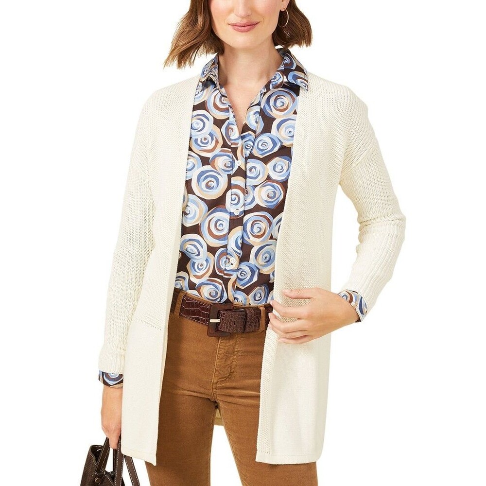 J.McLaughlin Womens Cream Ribbed Cotton Modal Open Front Cardigan Sweater S
